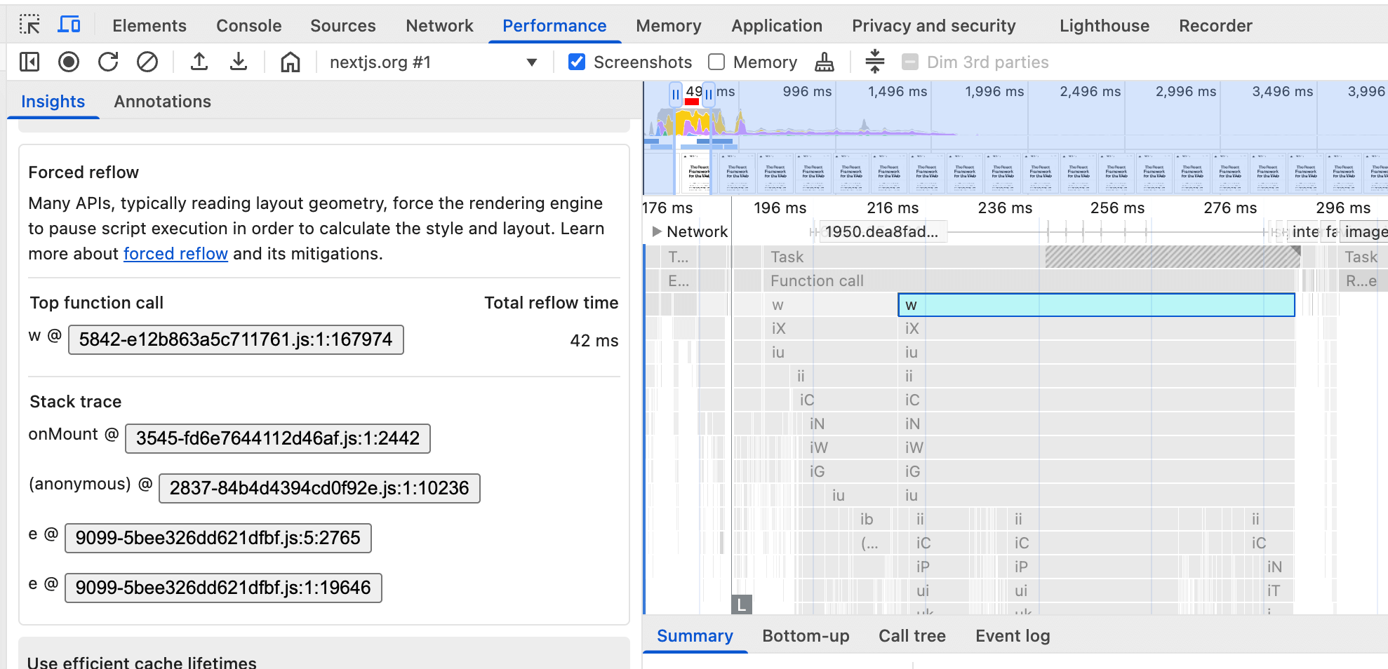 DevTools showing forced relow insight identifying a function called 'w' which is causing forced reflow.